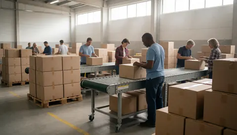 Des employés apposent des étiquettes sur des cartons dans un entrepôt, avec des piles de marchandises et de grandes fenêtres en arrière-plan.