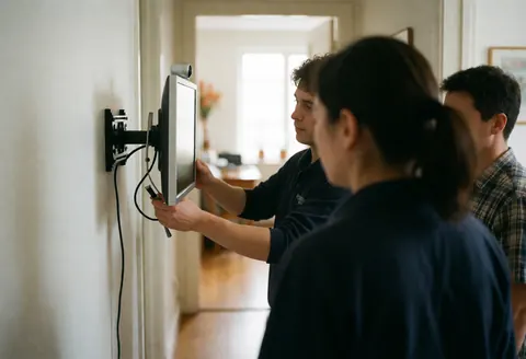 Un technicien fixe un écran sur un mur blanc pendant qu'un client observe la prestation de service dans un couloir au sol en bois.