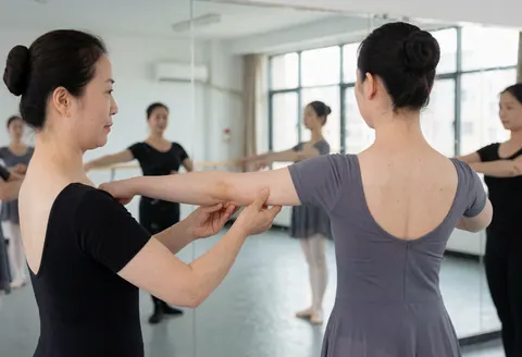 Un instructeur de danse corrige la posture d'une élève dans un studio lumineux avec des miroirs, illustrant une technique de cours.