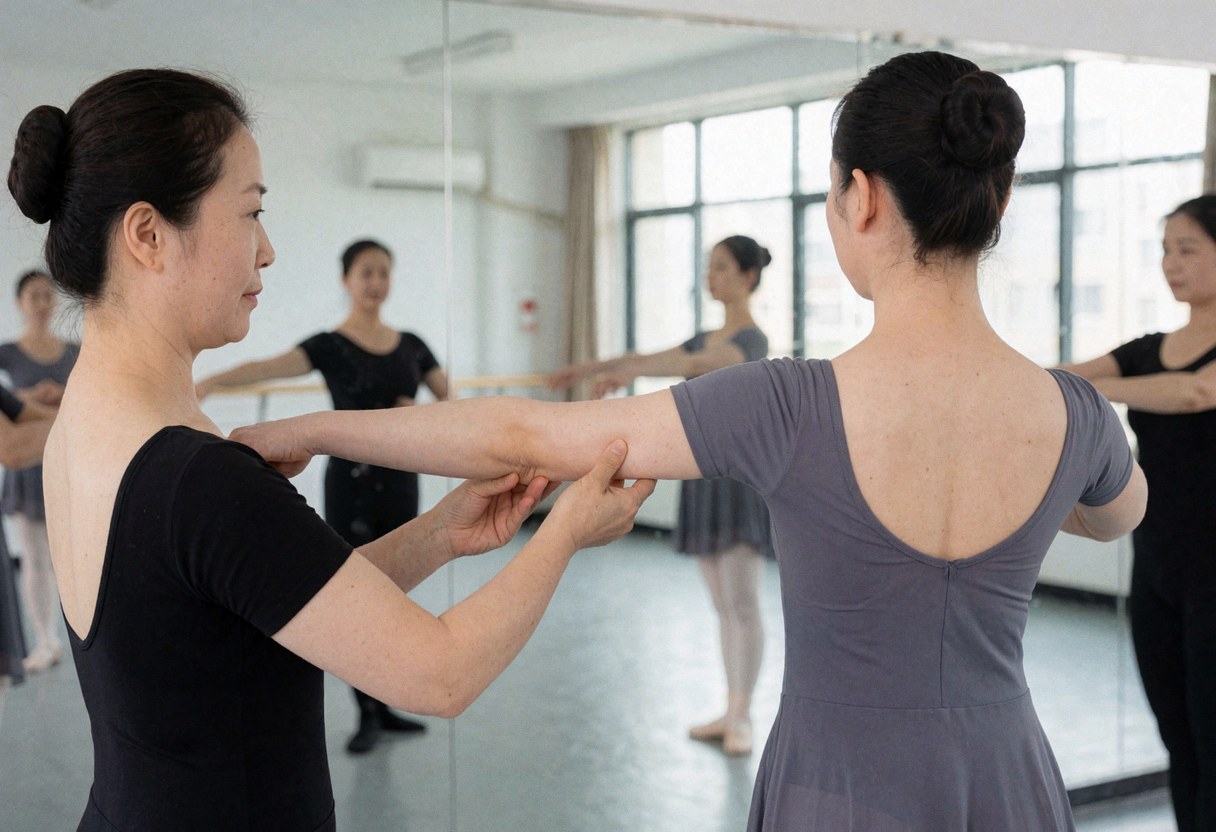 Un instructeur de danse corrige la posture d'une élève dans un studio lumineux avec des miroirs, illustrant une technique de cours.