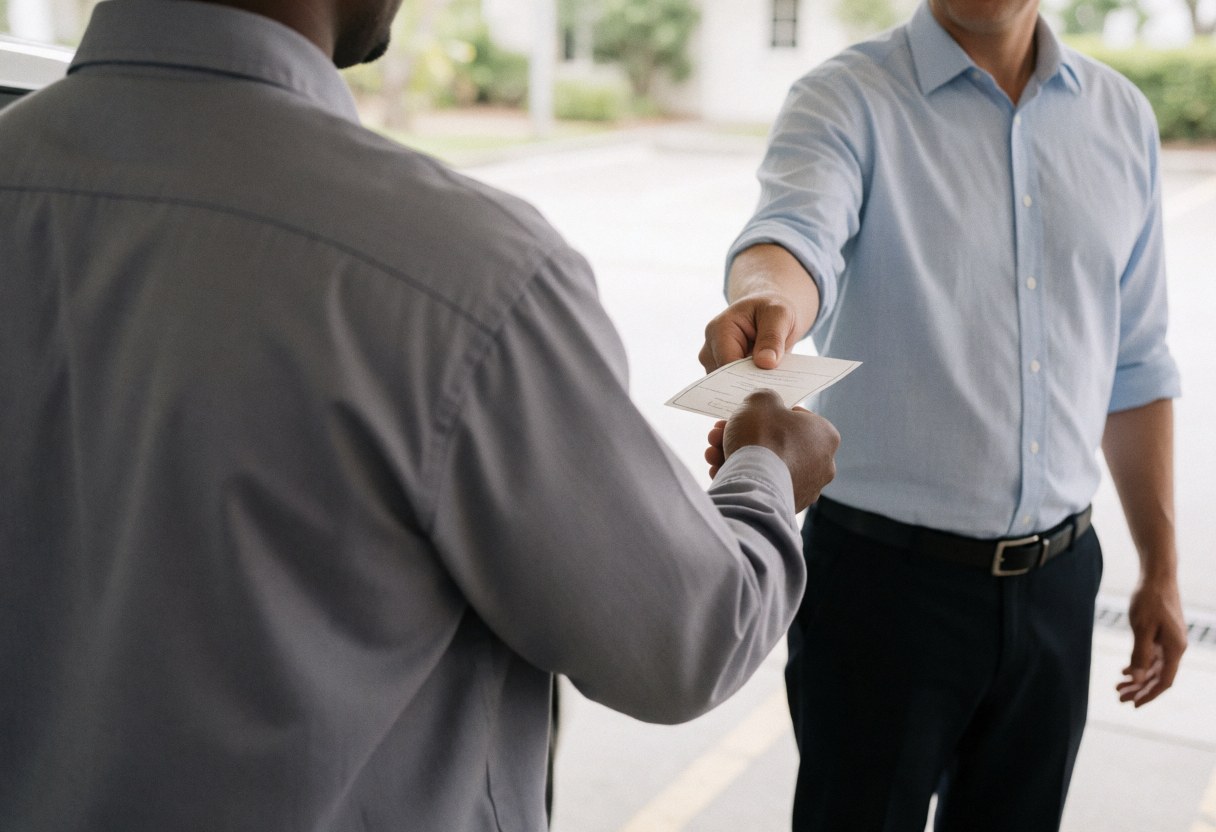 Un employé en uniforme gris remet un ticket de stationnement à un client dans un parking extérieur bien éclairé en journée.