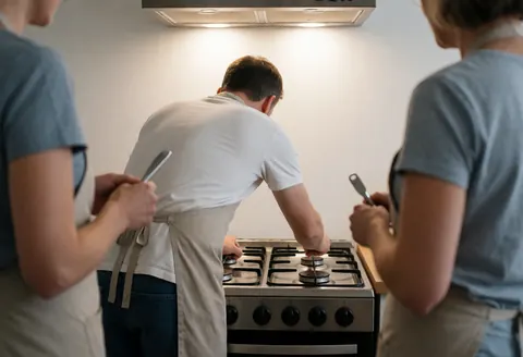 Un technicien en tablier répare une cuisinière tandis que deux personnes observent depuis l'arrière dans un environnement lumineux à murs blancs.
