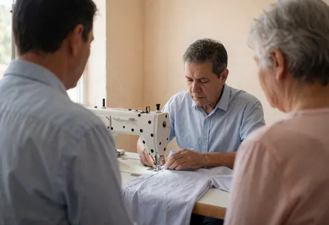 Un homme coud une chemise formelle sur une machine à coudre dans un atelier, sous la lumière naturelle.