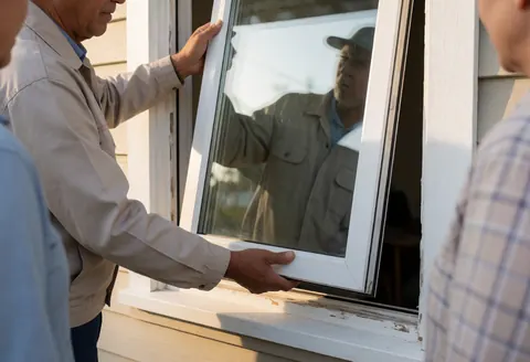 Un technicien pose une fenêtre à isolation thermique sur une maison au coucher du soleil tandis que d'autres personnes observent la prestation de service.