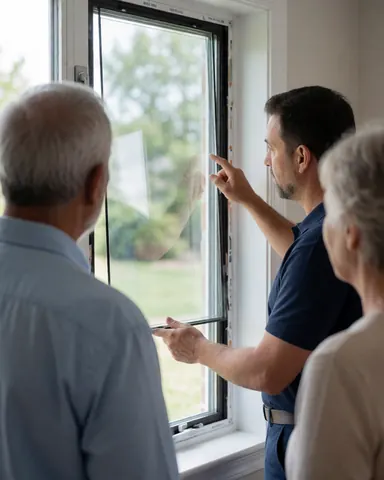 Un technicien montre à des clients âgés les détails de la nouvelle fenêtre installée dans leur maison.