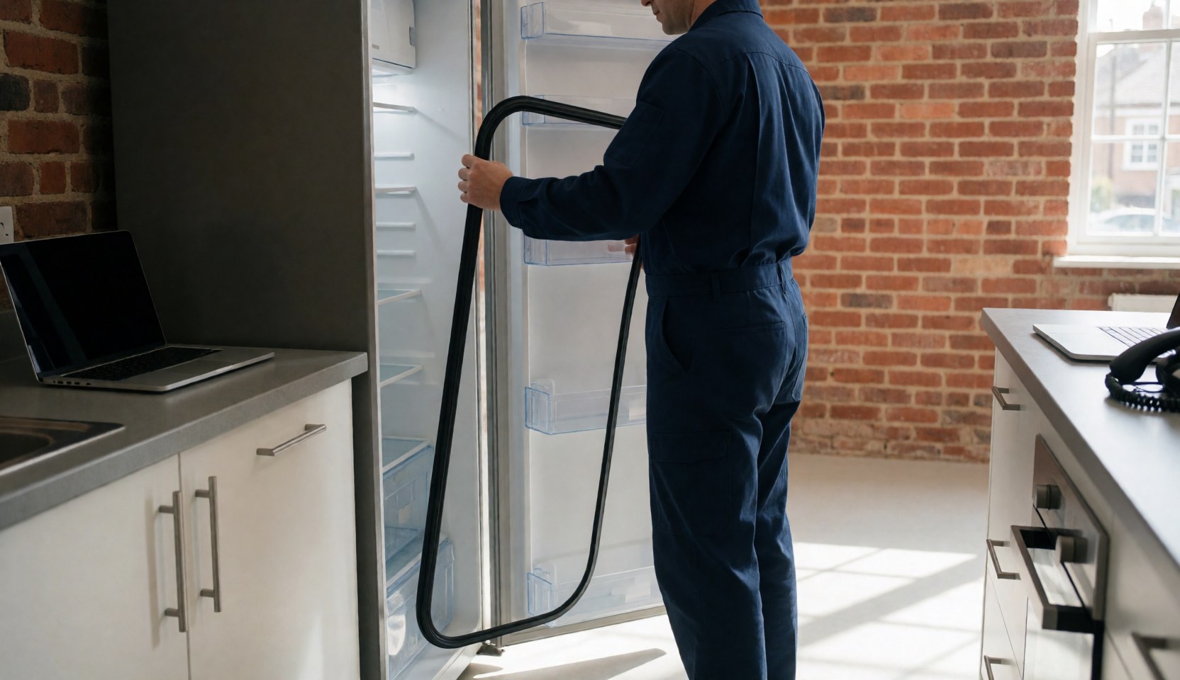 Un technicien en uniforme bleu pose un joint de porte sur un réfrigérateur ouvert devant un mur de briques avec lumière naturelle.