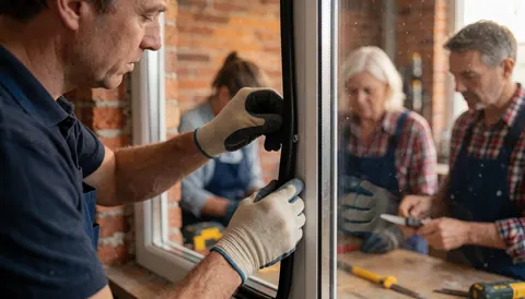 Un technicien portant des gants pose un joint d'étanchéité sur un cadre de fenêtre en briques, avec le reflet d'autres travailleurs visible dans le verre.