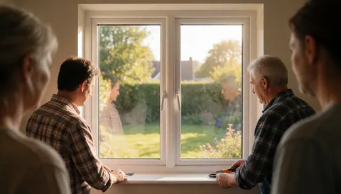 Deux travailleurs posent une fenêtre blanche sur une maison avec des outils visibles et un jardin à l'extérieur illustrant le service d'installation.