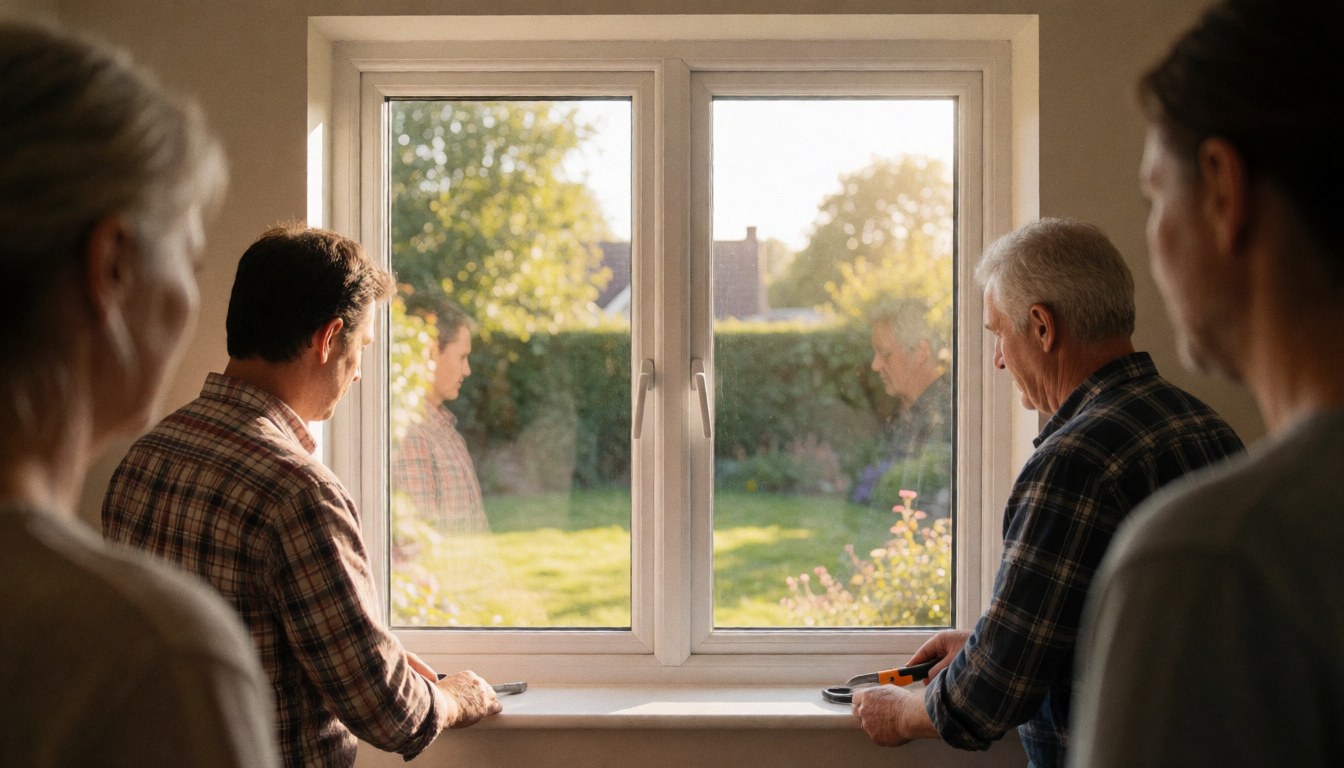 Deux travailleurs posent une fenêtre blanche sur une maison avec des outils visibles et un jardin à l'extérieur illustrant le service d'installation.