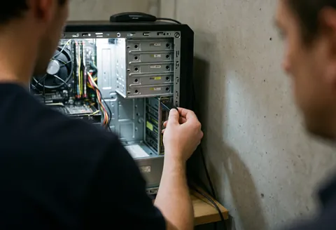 Un technicien insère une clé usb dans un ordinateur ouvert posé sur une table avec un mur en béton et une lampe de travail à proximité.