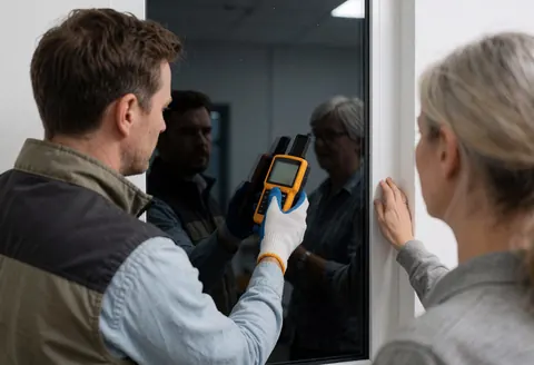 Un technicien en gants inspecte une fenêtre avec un outil de mesure pendant qu'un client observe le cadre blanc.