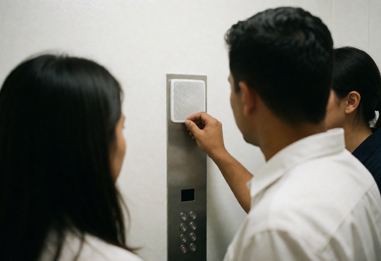 Un technicien effectue des tests sur l'interphone d'un ascenseur, avec le panneau de boutons et une paroi blanche visibles lors d'une intervention de maintenance.