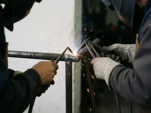 Un soudeur professionnel en tenue de sécurité unit une barre métallique dans un atelier, projetant des étincelles.
