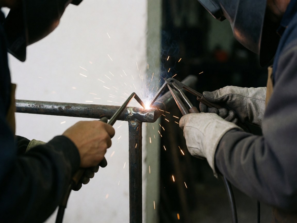 Un soudeur professionnel en tenue de sécurité unit une barre métallique dans un atelier, projetant des étincelles.