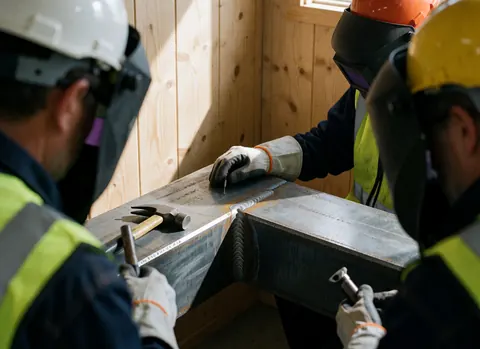 Trois soudeurs casqués et gilet de sécurité inspectent un joint d'acier avec soudure visible, outils et bois en arrière-plan.