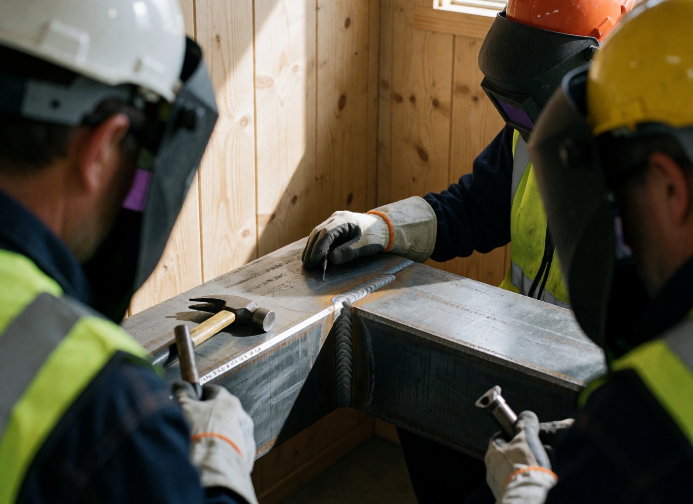 Trois soudeurs casqués et gilet de sécurité inspectent un joint d'acier avec soudure visible, outils et bois en arrière-plan.