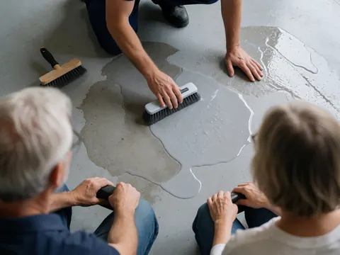 Un ouvrier applique un produit de nettoyage industriel sur un sol en béton tandis que deux personnes observent la scène depuis l'arrière-plan.