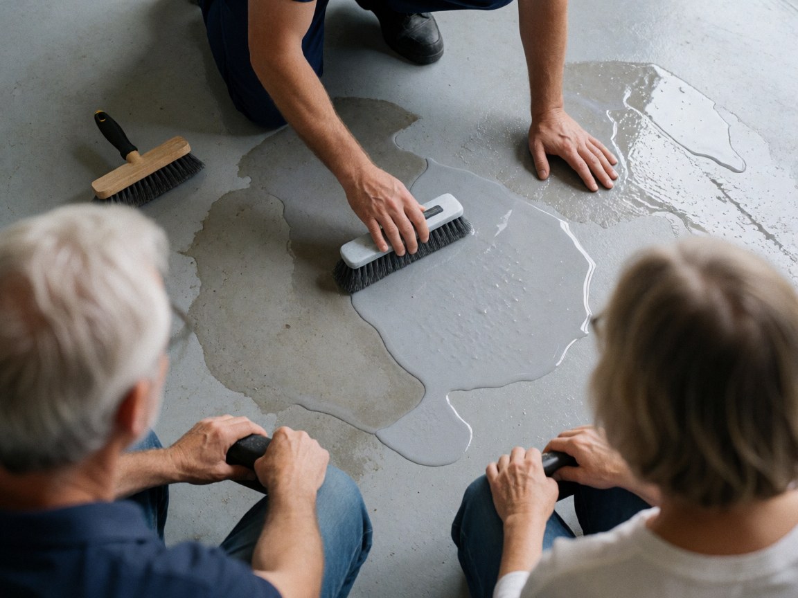 Un ouvrier applique un produit de nettoyage industriel sur un sol en béton tandis que deux personnes observent la scène depuis l'arrière-plan.