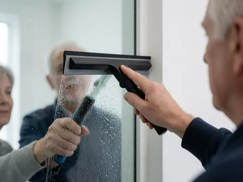 Une main tenant une raclette noire nettoie une vitre avec de l'eau sur un mur blanc, illustrant un service de nettoyage professionnel.