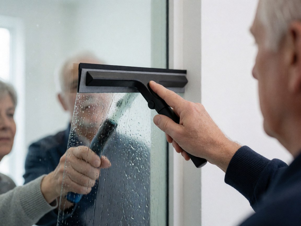 Une main tenant une raclette noire nettoie une vitre avec de l'eau sur un mur blanc, illustrant un service de nettoyage professionnel.