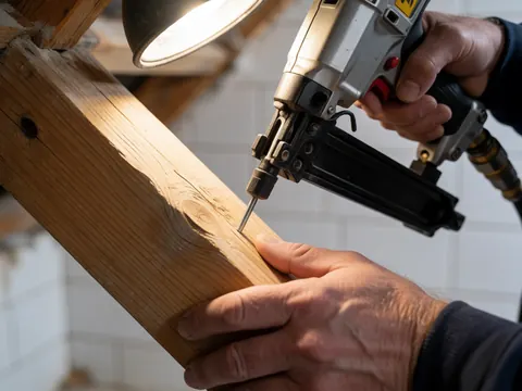 Une main utilise un cloueur pneumatique pour fixer une poutre de toit en bois, avec des murs carrelés blancs et l'équipement de sécurité visible.