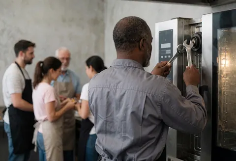 Un technicien avec des outils ajuste un four industriel dans une cuisine aux murs en béton pendant que d'autres personnes observent le service.