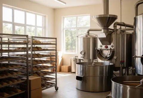 Intérieur d'une usine de café avec racks de séchage, cuves métalliques et lumière naturelle par grandes fenêtres.