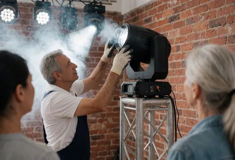 Un technicien ajuste un projecteur moving head fixé sur une structure en treillis métallique devant un mur de briques avec du brouillard scénique pour un événement.