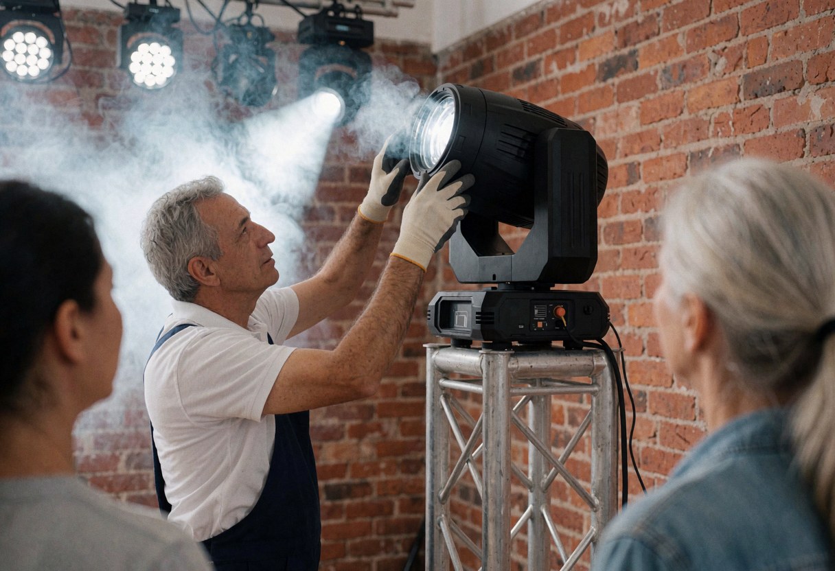 Un technicien ajuste un projecteur moving head fixé sur une structure en treillis métallique devant un mur de briques avec du brouillard scénique pour un événement.