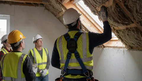 Un ouvrier en tenue de sécurité examine l'isolation en fibre sur une charpente en bois, tandis que d'autres collègues observent les travaux de couverture.