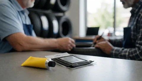 Tuyau de ciment jaune et kit de réparation de pneu posés sur une table de travail dans un atelier de réparation de pneus avec des pneus en arrière-plan.