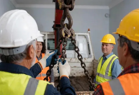 Des ouvriers en équipements de sécurité ajustent la chaîne d'une grue montée sur un camion de transport, illustrant un service de levage en cours.