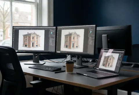 Bureau avec des écrans montrant une façade de bâtiment, une tasse de café et un mur bleu marine, idéal pour un studio d'architecture.
