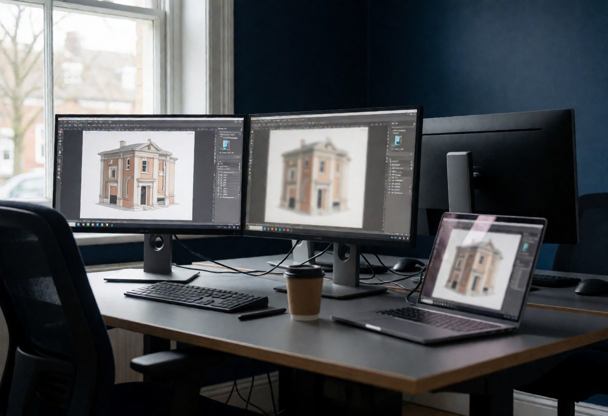 Bureau avec des écrans montrant une façade de bâtiment, une tasse de café et un mur bleu marine, idéal pour un studio d'architecture.