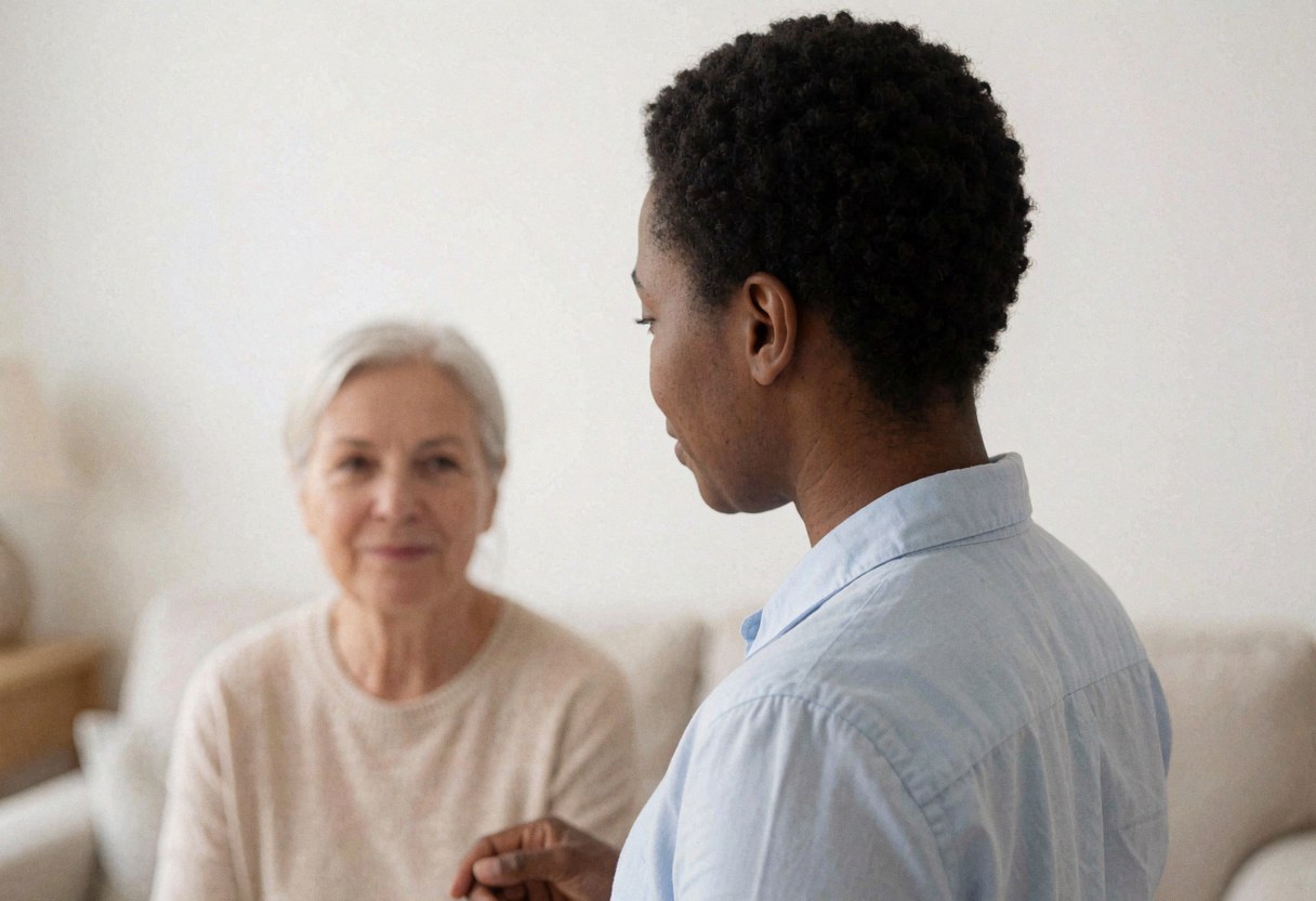 Jeune thérapeute discutant avec une patiente âgée assise dans une salle blanche à la lumière douce et aux murs lisses, scène d'hypnothérapie professionnelle.