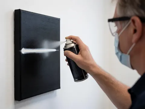 Un artiste portant des lunettes et un masque trace une ligne blanche précise sur un tableau noir suspendu à un mur blanc.