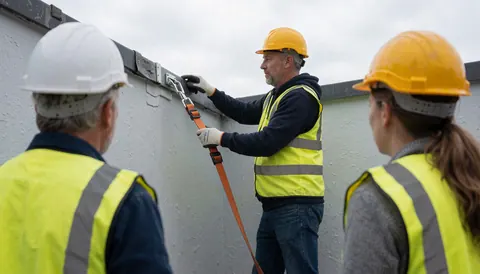 Un ouvrier en harnais de sécurité fixe un point d'ancrage sur une toiture, tandis que deux collègues observent la scène près d'un mur gris. L'équipement de protection individuelle est clairement visible.