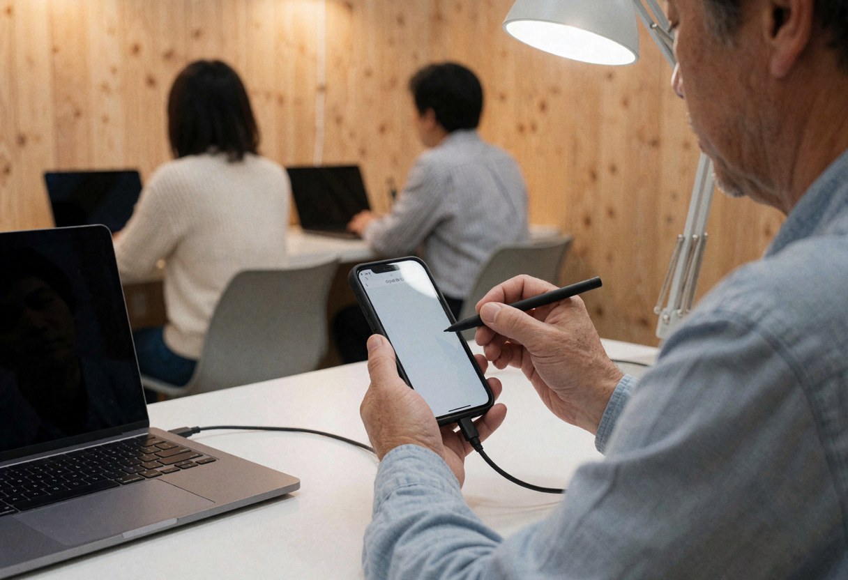 Un technicien effectue des tests sur l'écran tactile d'un smartphone à l'aide d'un stylet dans un atelier de réparation.