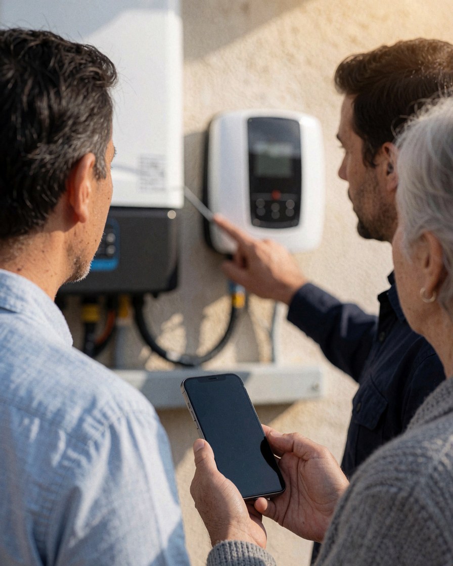 Un technicien explique à un client tenant un téléphone portable le fonctionnement d'un dispositif solaire monté sur un mur extérieur en plein soleil.