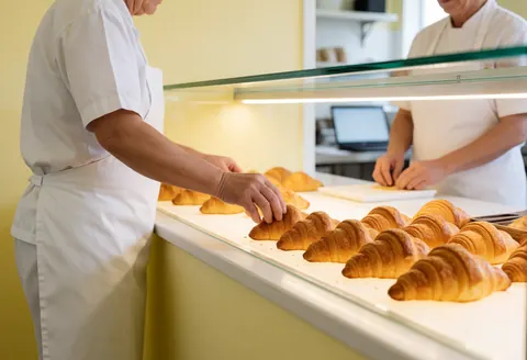 Un boulanger place des croissants dorés dans une vitrine en verre au sein d'une boulangerie aux murs jaunes et à l'éclairage chaleureux.