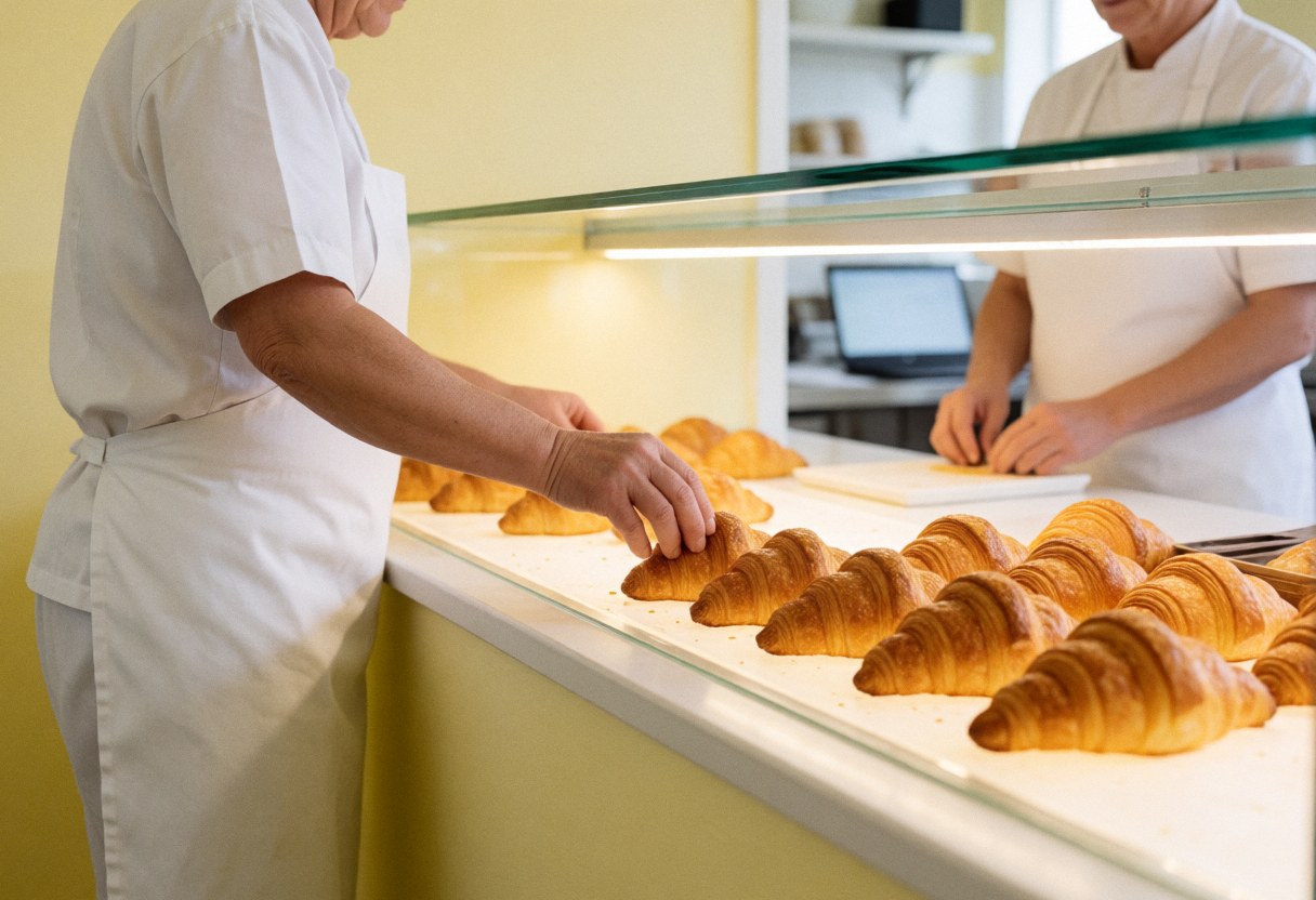 Un boulanger place des croissants dorés dans une vitrine en verre au sein d'une boulangerie aux murs jaunes et à l'éclairage chaleureux.