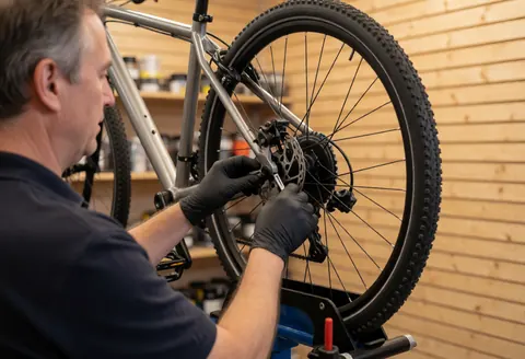 Un technicien en gants noirs ajuste le frein à disque de la roue arrière d'un vélo dans un atelier aux murs en bois.
