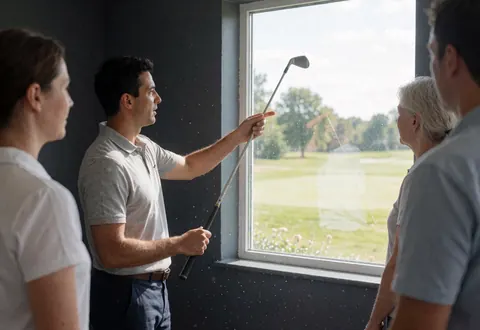 Un instructeur de golf montre une technique avec un club tandis que des étudiants écoutent attentivement dans une pièce avec vue sur le terrain.