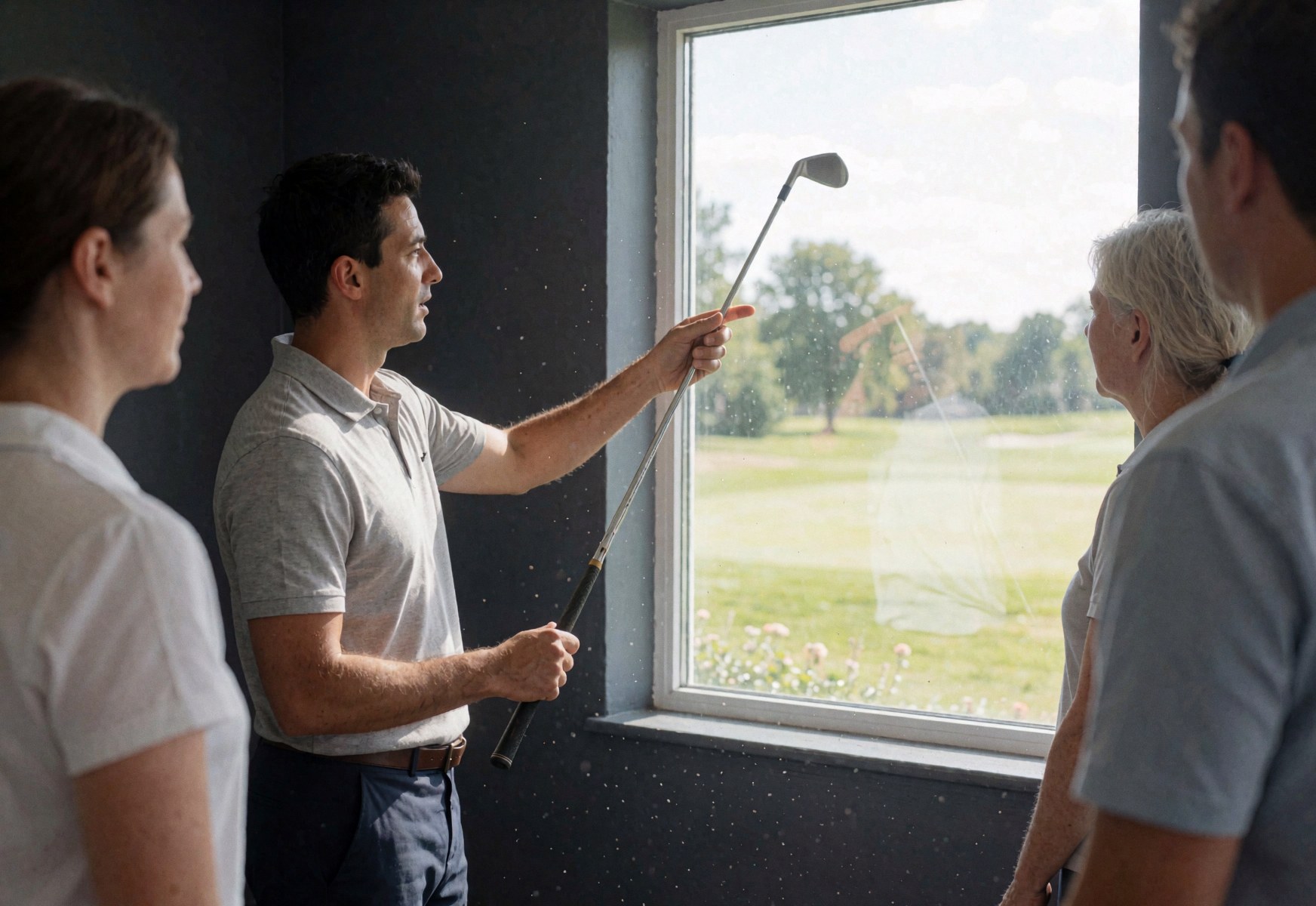 Un instructeur de golf montre une technique avec un club tandis que des étudiants écoutent attentivement dans une pièce avec vue sur le terrain.
