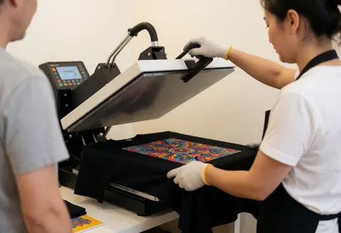 Une femme portant des gants blancs utilise une presse thermique pour sublimer un motif coloré sur un t-shirt noir, sous le regard d'un client dans l'atelier.