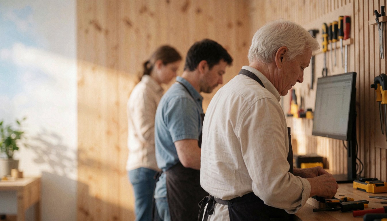 Trois techniciens effectuent une réparation sur un écran dans un atelier aux murs de planches et outils suspendus, éclairé par la lumière naturelle.