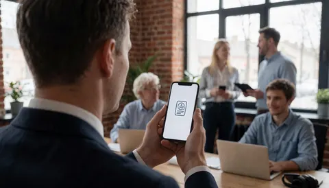 Un professionnel en tenue de travail tient son smartphone montrant une icône de service dans un bureau avec des collègues au fond.