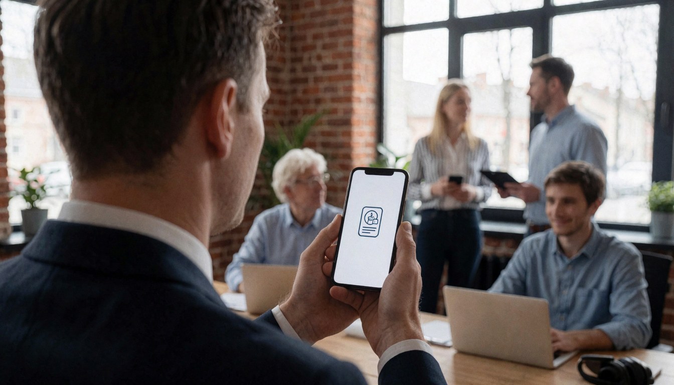 Un professionnel en tenue de travail tient son smartphone montrant une icône de service dans un bureau avec des collègues au fond.