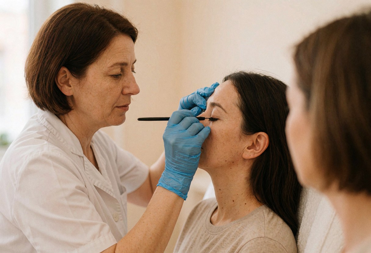 Une technicienne portant des gants bleus applique du maquillage sur une cliente aux yeux fermés dans un salon de beauté aux murs beiges.