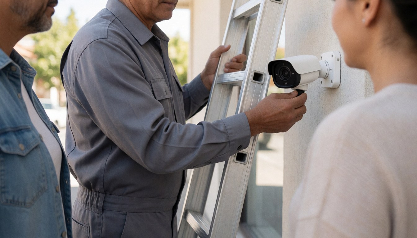 Un technicien monte une caméra de surveillance sur un mur à l'aide d'une échelle pendant qu'un client observe la prestation.